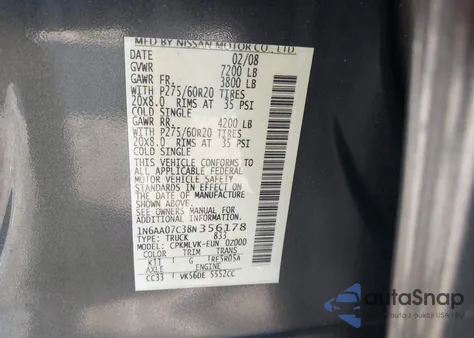 2008 Nissan Titan Le/Pro-4X/Se z USA, uszkodzony, nr VIN 1N6AA07C38N356178